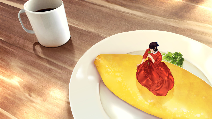1girl bangs black_hair closed_eyes coffee coffee_mug commentary_request cup dress flower food highres holding holding_flower konnie_522 minigirl mug omurice on_food original photorealistic plate red_dress red_flower red_rose rose shadow short_hair solo wooden_table