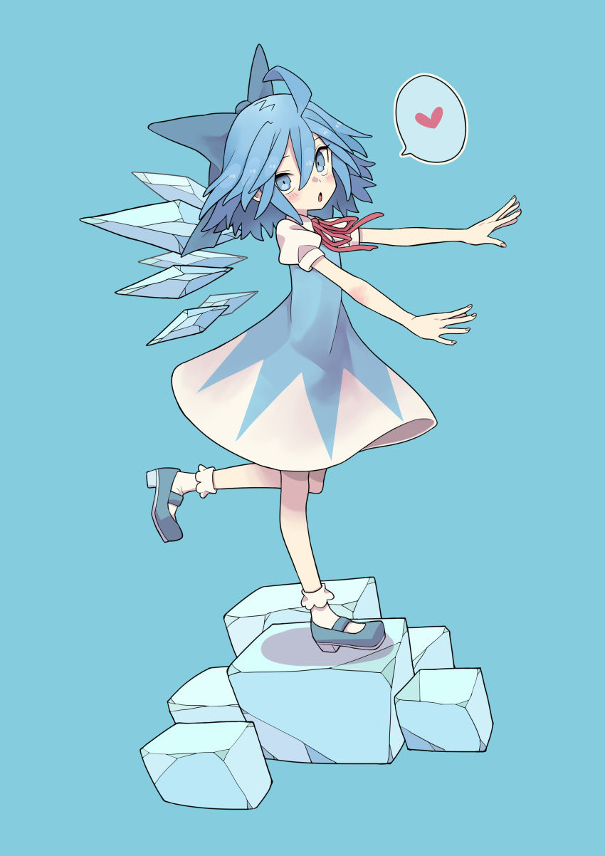 1girl absurdres ahoge banana_takemura blue_background blue_bow blue_dress blue_eyes blue_footwear blue_hair blush bobby_socks bow cirno commentary_request detached_wings dress dutch_angle from_side full_body hair_bow heart highres ice ice_wings looking_at_viewer mary_janes neck_ribbon outstretched_arms puffy_short_sleeves puffy_sleeves red_neckwear ribbon shoes short_hair short_sleeves socks solo spoken_heart standing standing_on_one_leg touhou white_legwear wings