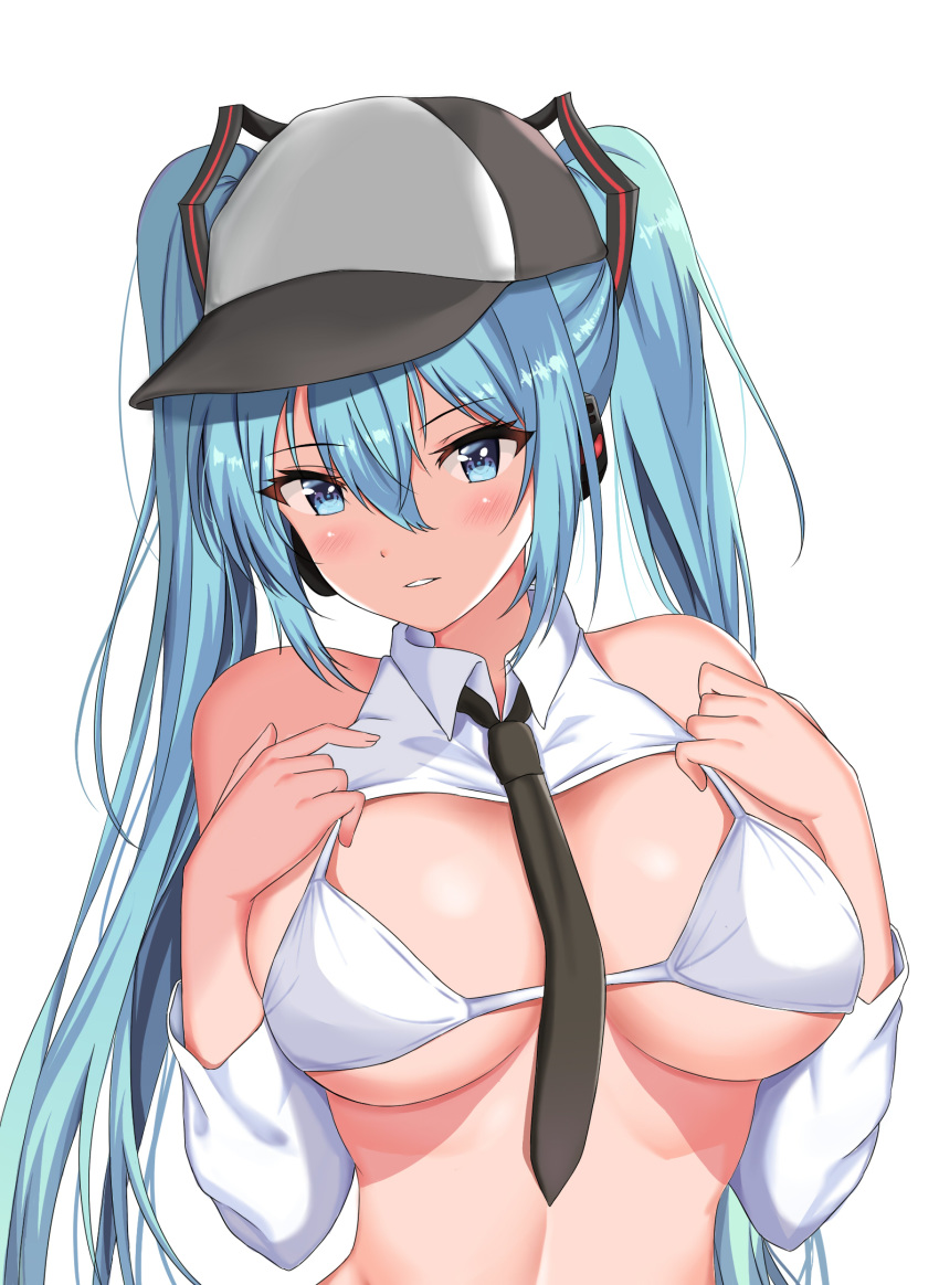 1girl baseball_cap blue_eyes blue_hair blush breasts hair_between_eyes hat hatsune_miku headphones highres hisuka large_breasts long_hair necktie parted_lips sidelocks simple_background solo twintails upper_body vocaloid white_background white_bikini_top