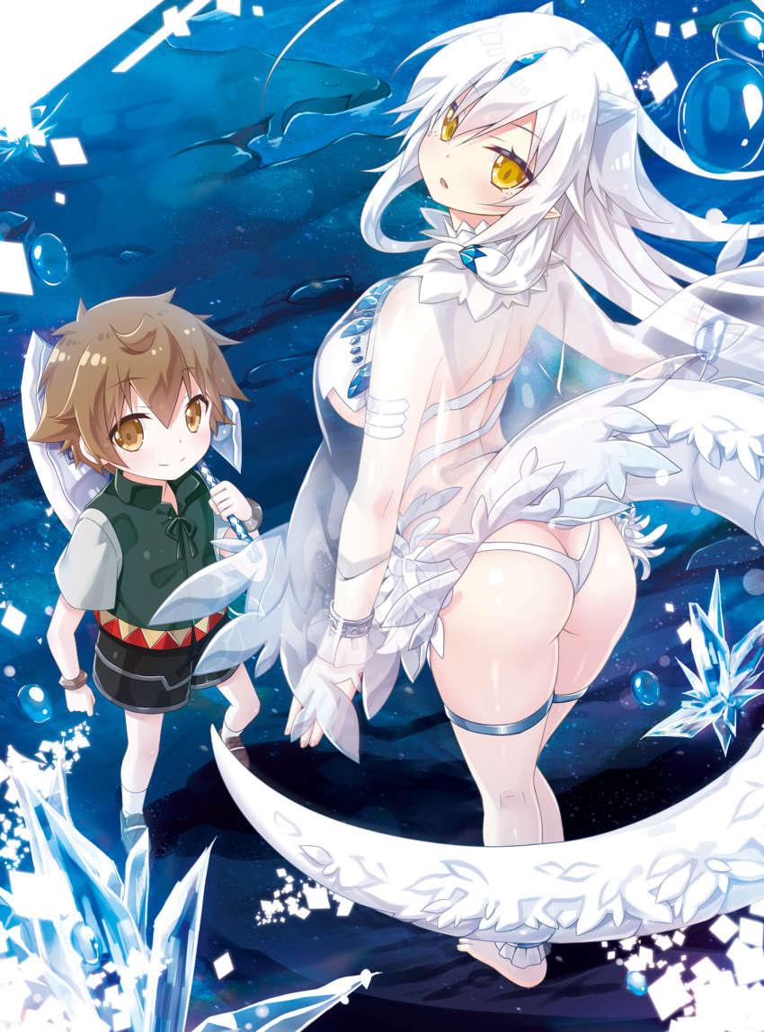 1boy 1girl age_difference arm_at_side ass back bangle bangs bare_legs barefoot bikini blush bracelet breasts cave character_request comm-nan_no_ore_ga_koushou_skill_ni_zenfurishite_tenseishita_kekka commentary_request crystal dragon_girl dragon_tail from_above headpiece highres horns jewelry kneepits large_breasts long_hair looking_at_viewer looking_back looking_up novel_illustration official_art parted_lips pointy_ears see-through shiny shiny_skin sidelocks swimsuit tail thigh_strap thong thong_bikini under_boob water_drop white_bikini white_hair yano_mitsuki yellow_eyes