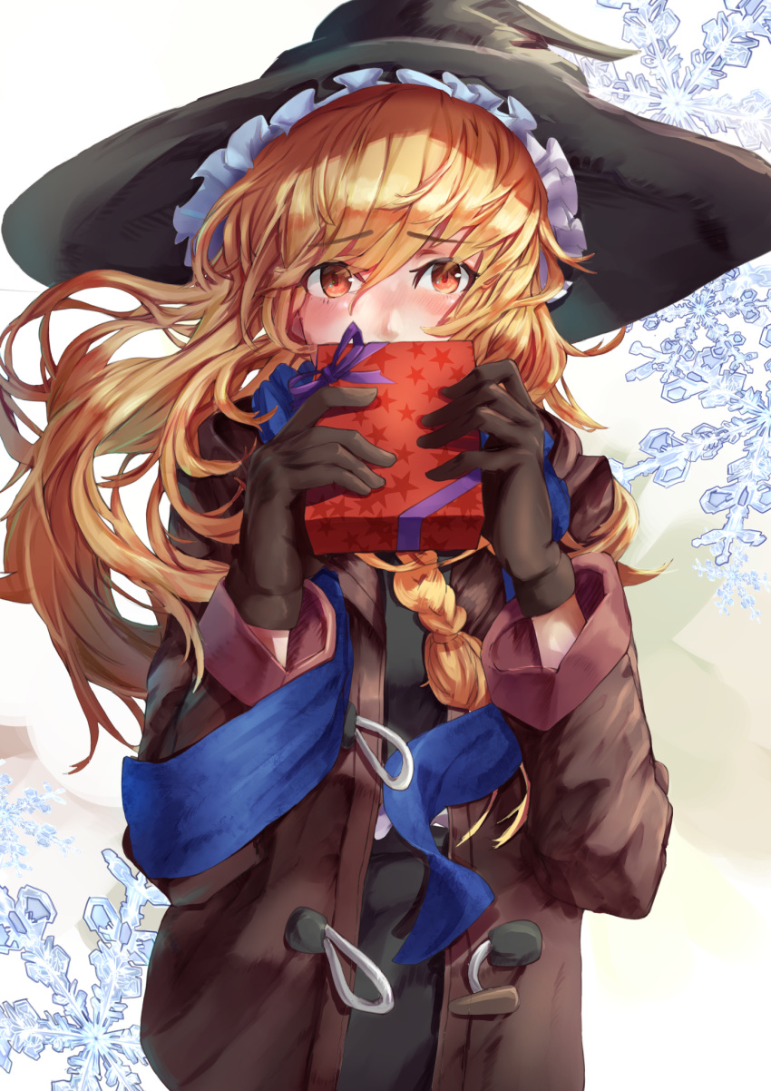 1girl arms_up asllapistone black_gloves black_headwear black_skirt black_vest blonde_hair blue_scarf blush box braid coat commentary_request covering_mouth cowboy_shot dress duffel_coat eyebrows_visible_through_hair gift gift_box gloves hair_between_eyes hair_blowing hat highres holding holding_gift kirisame_marisa long_hair looking_at_viewer open_clothes open_coat partial_commentary scarf single_braid skirt snowflake_background solo standing tareme touhou valentine very_long_hair vest white_background winter_clothes winter_coat witch_hat yellow_eyes