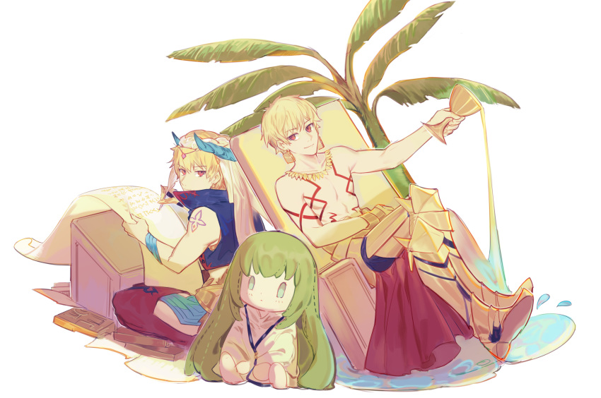 2boys arabian_clothes armor character_doll chest cropped_vest csyko cuneiform dual_persona enkidu_(fate/strange_fake) fate/grand_order fate/stay_night fate_(series) gilgamesh gilgamesh_(caster)_(fate) goblet highres jewelry multiple_boys necklace palm_tree pouring shirtless sitting tattoo tree turban writing