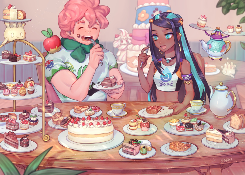 1boy 1girl :d ^_^ alcremie applin aqua_eyes aqua_hair armband artist_name bare_shoulders black_hair blurry blurry_background cake cherry closed_eyes commentary_request cup dark_skin ear_clip earrings eating eclair_(food) food fork fruit gen_8_pokemon gigantamax gigantamax_alcremie gym_leader holding holding_fork hoop_earrings jewelry long_hair milcery multicolored_hair no_gloves open_mouth pastry pie pink_hair plate pokemon pokemon_(creature) pokemon_(game) pokemon_on_shoulder pokemon_swsh polteageist rurina_(pokemon) sakai_(motomei) short_sleeves slice_of_cake slice_of_pie smile strawberry sweets table tank_top tea_party teacup teapot tiered_tray two-tone_hair yarrow_(pokemon)