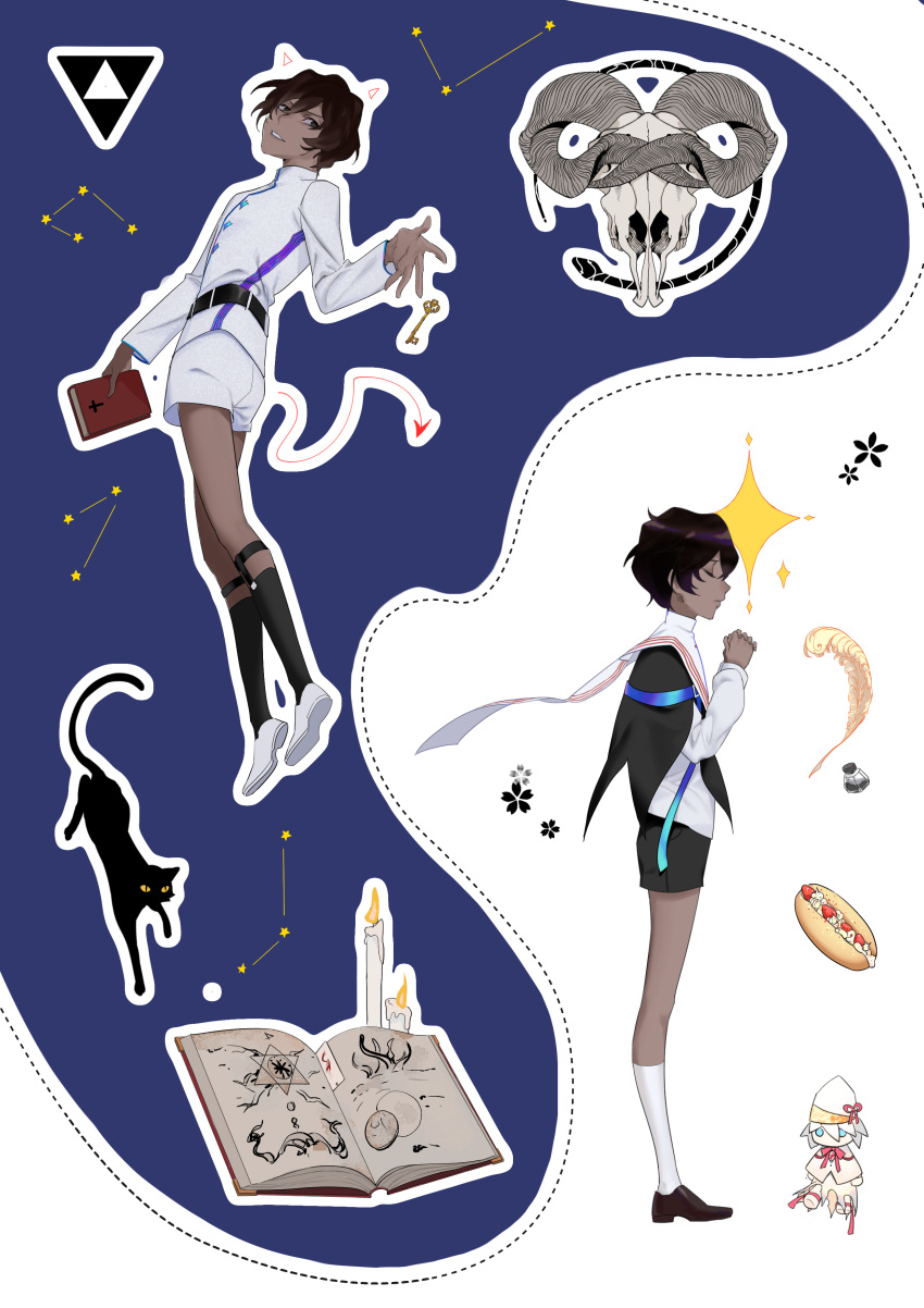 676643396dolce absurdres animal_skull arjuna_(fate/grand_order) black_capelet black_cat black_eyes black_hair book candle capelet cat character_doll child constellation dark_skin dark_skinned_male dessert dual_persona fate/grand_order fate_(series) feathers food highres karna_(fate) kneehighs magic_circle open_book praying shirt shorts sock_garters sparkle triforce white_shirt white_shorts younger