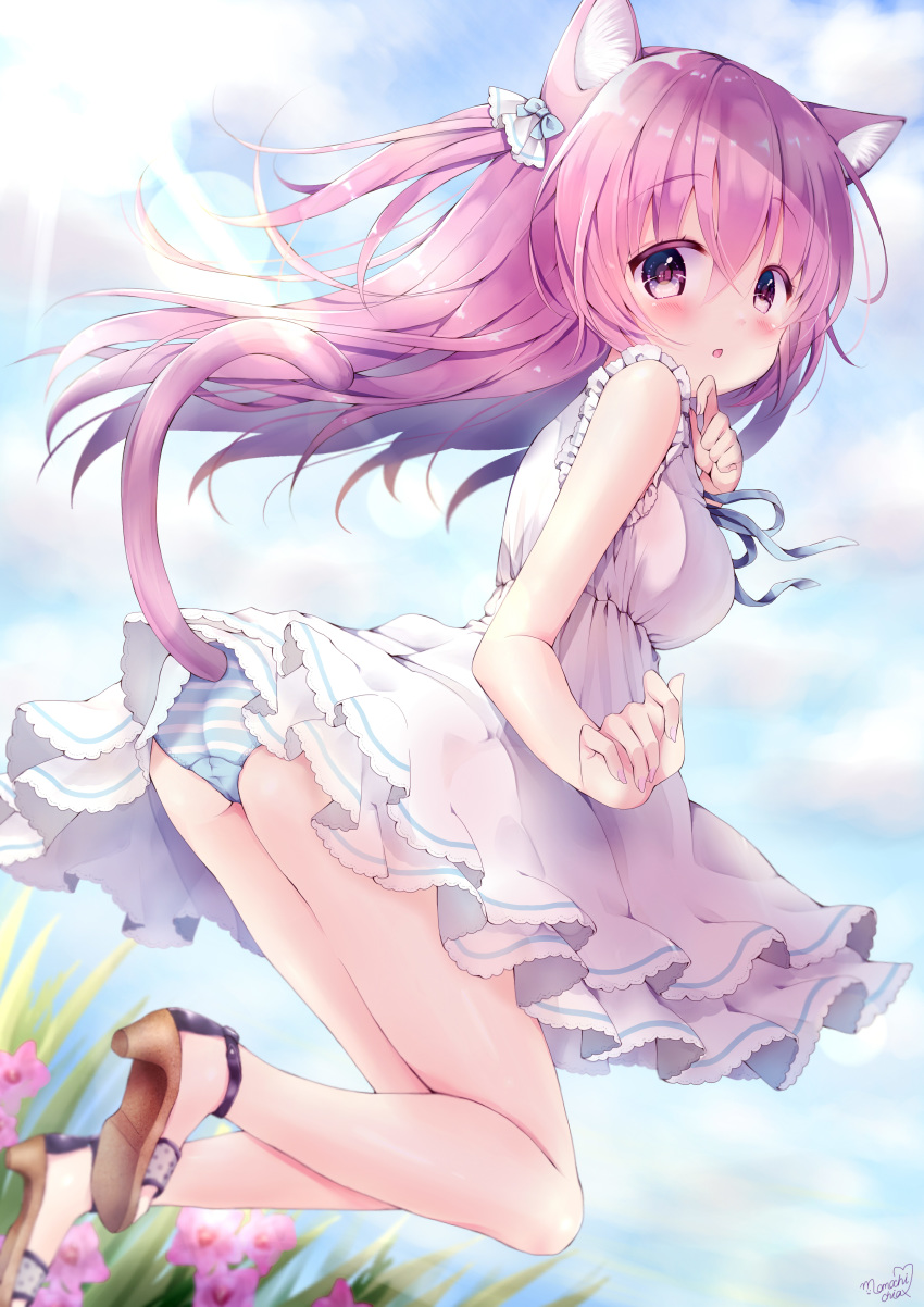 1girl absurdres accidental_exposure animal_ear_fluff animal_ears ass blush cat_ears cat_tail chia_momochi clouds dress flower from_behind hand_to_own_mouth high_heels highres jumping legs legs_up long_hair looking_back moe2020 original outdoors panties pantyshot pink_eyes pink_hair sandals short_dress side_ponytail sky sleeveless sleeveless_dress solo striped striped_panties sundress tail thighs underwear white_dress wind wind_lift