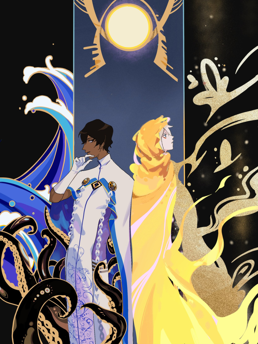 2boys 676643396dolce arjuna_(fate/grand_order) black_hair blue_eyes cape cloak cosplay cthulhu cthulhu_mythos dark_skin dark_skinned_male fate/grand_order fate_(series) gloves hastur hastur_(cosplay) highres hood hooded_cloak karna_(fate) male_focus multiple_boys sun tentacles waves white_cape white_gloves white_hair yellow_cape yellow_cloak