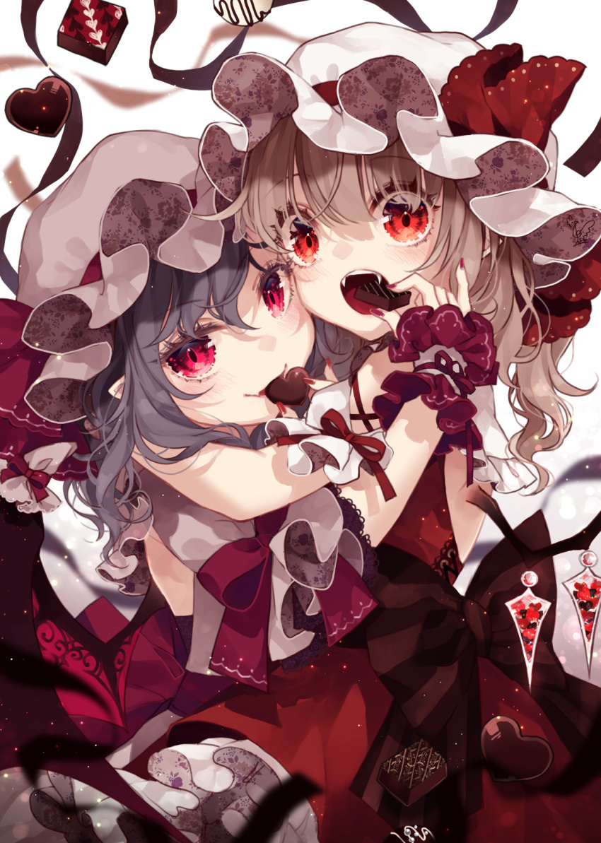 2girls :o bangs bat_wings blonde_hair blue_hair commentary_request crystal dress eyebrows_visible_through_hair fangs flandre_scarlet grey_headwear hair_between_eyes hat hat_ribbon highres looking_at_viewer mob_cap multiple_girls nail_polish open_mouth partial_commentary petticoat pointy_ears red_dress red_eyes red_nails red_ribbon remilia_scarlet ribbon short_hair siblings sisters smile touhou toutenkou upper_body white_background white_headwear wings wrist_cuffs