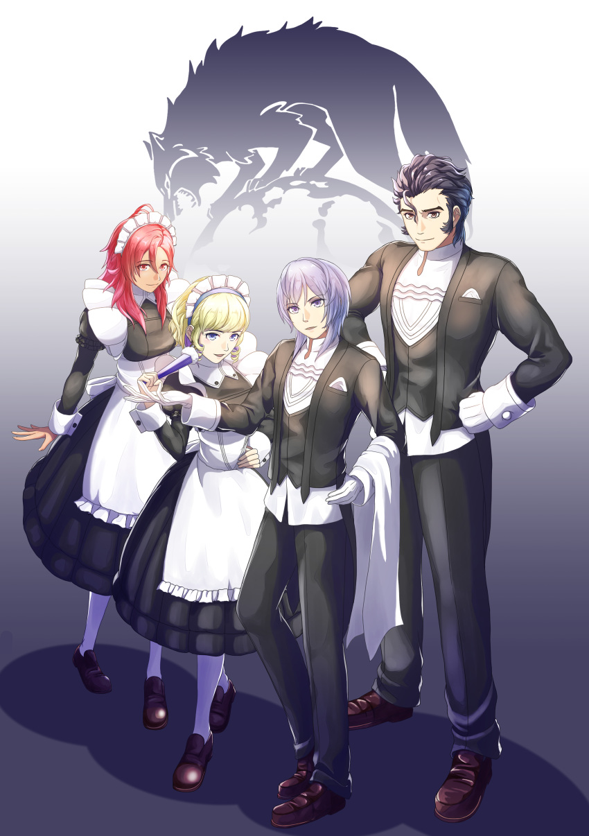 2boys 2girls absurdres balthus_(fire_emblem) black_hair blonde_hair blue_eyes blue_hairband brown_eyes butler closed_mouth constance_von_nuvelle dark_skin earrings fan fire_emblem fire_emblem:_three_houses gloves gzo1206 hairband hapi_(fire_emblem) highres holding jewelry long_sleeves maid maid_headdress medium_hair multicolored_hair multiple_boys multiple_girls open_mouth pants purple_hair red_eyes redhead short_hair smile violet_eyes white_gloves white_legwear yuri_(fire_emblem)