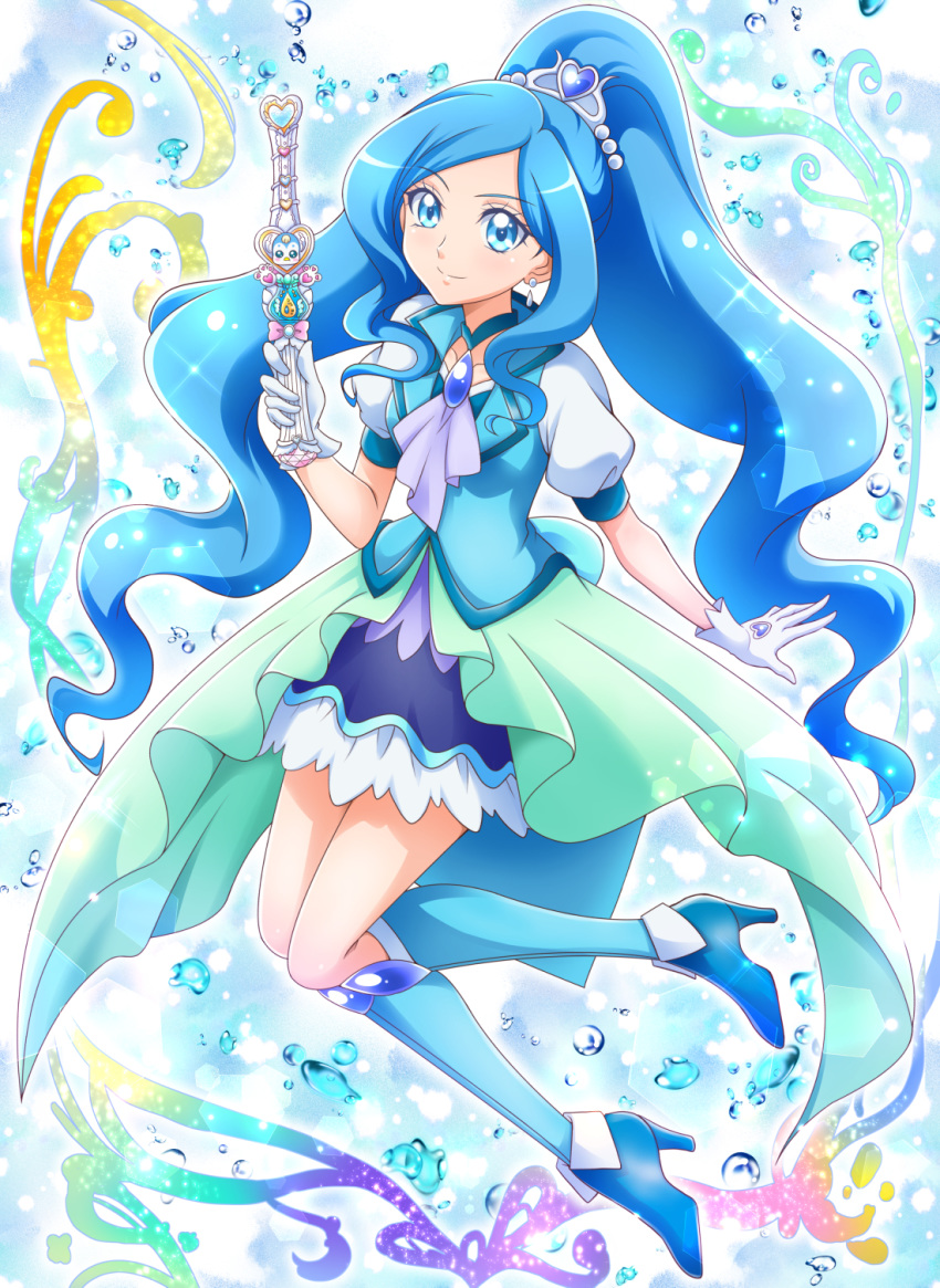 1girl blue_background blue_eyes blue_footwear blue_hair blue_legwear blue_neckwear blue_skirt blue_theme blue_vest choker closed_mouth cure_fontaine earrings full_body gloves hair_ornament hanzou healin'_good_precure healing_wand highres holding holding_wand jewelry kneehighs layered_skirt long_hair looking_at_viewer magical_girl ponytail precure puffy_sleeves sawaizumi_chiyu shoes skirt smile solo split_ponytail vest wand white_gloves