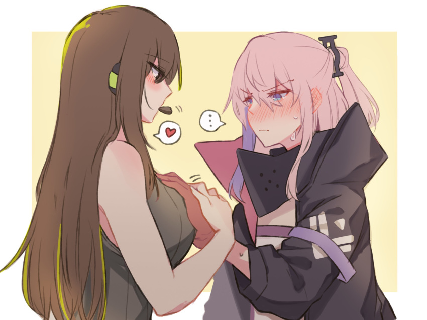 ... 2girls blush breast_grab brown_hair candy chocolate closed_mouth ear_blush english_commentary food girls_frontline gloves grabbing green_hair guided_breast_grab heart highres jacket long_hair m4a1_(girls_frontline) mod3_(girls_frontline) mouth_hold multicolored_hair multiple_girls pink_hair sleeveless spoken_ellipsis spoken_heart st_ar-15_(girls_frontline) streaked_hair two-tone_hair yuri yuutama2804