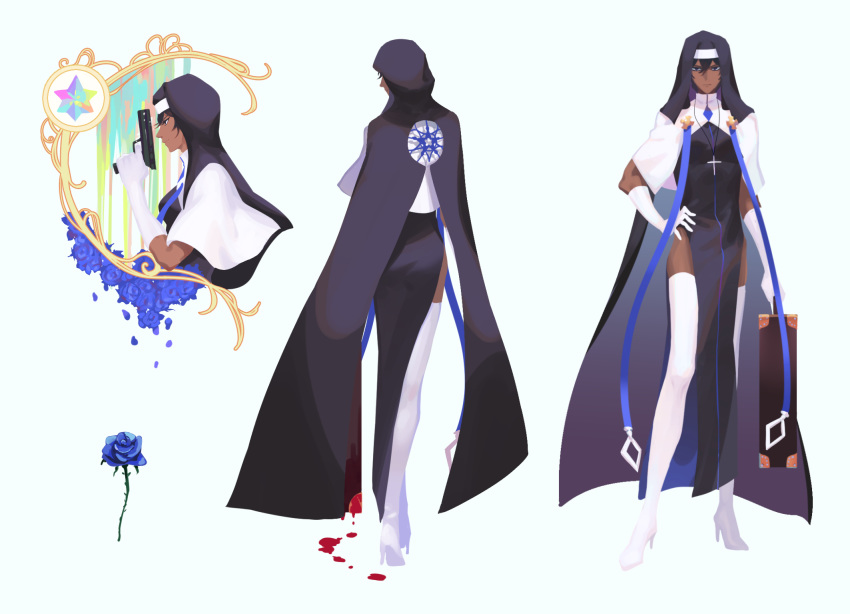 676643396dolce arjuna_(fate/grand_order) black_cape black_eyes black_hair blood bloody_clothes blue_flower blue_rose boots cape character_sheet cross cross_necklace crossdressinging dark_skin dark_skinned_male fate/grand_order fate_(series) flower gloves gun habit handgun high_heels highres jewelry male_focus necklace nun pelvic_curtain rose saint_quartz suitcase thigh-highs thigh_boots thorns weapon white_gloves white_legwear