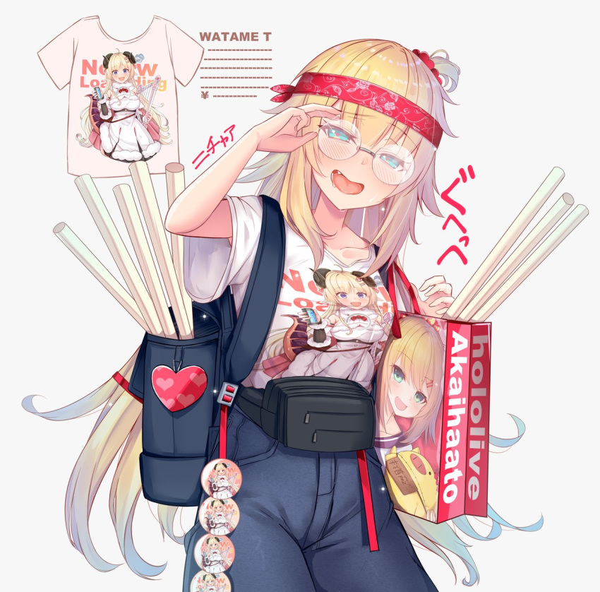 1girl adjusting_eyewear akai_haato alternate_costume badge bag bespectacled blonde_hair blue_eyes breasts collarbone fang fanny_pack glasses haaton_(haato_channel) harp heart heart-shaped_pupils highres hololive horns implied_yuri instrument long_hair looking_at_viewer open_mouth poster_(object) saliva sheep_girl sheep_horns shirt solo symbol-shaped_pupils t-shirt tsunomaki_watame virtual_youtuber yoshiheihe
