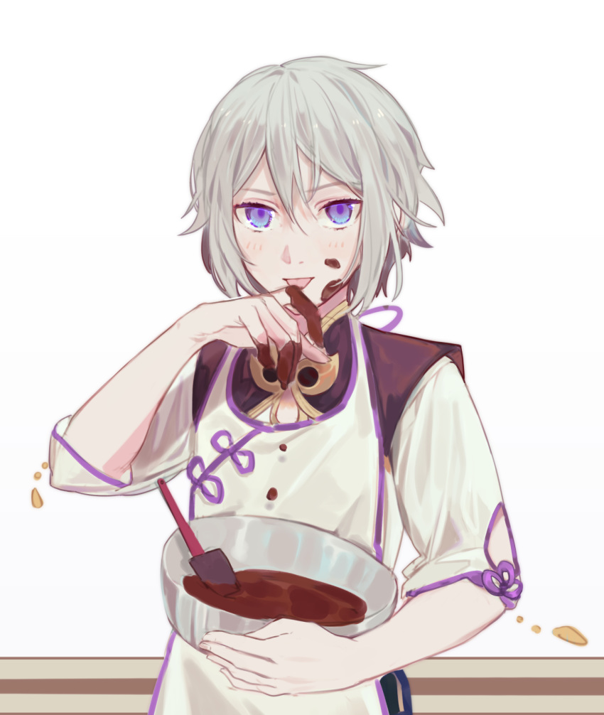 1boy apron batter blue_eyes chocolate_syrup cooking csyko fate/grand_order fate_(series) food food_on_face gao_changgong_(fate) grey_hair hair_between_eyes highres looking_at_viewer male_focus messy mixing_bowl no_mask short_hair silver_hair solo whisk wiping_face