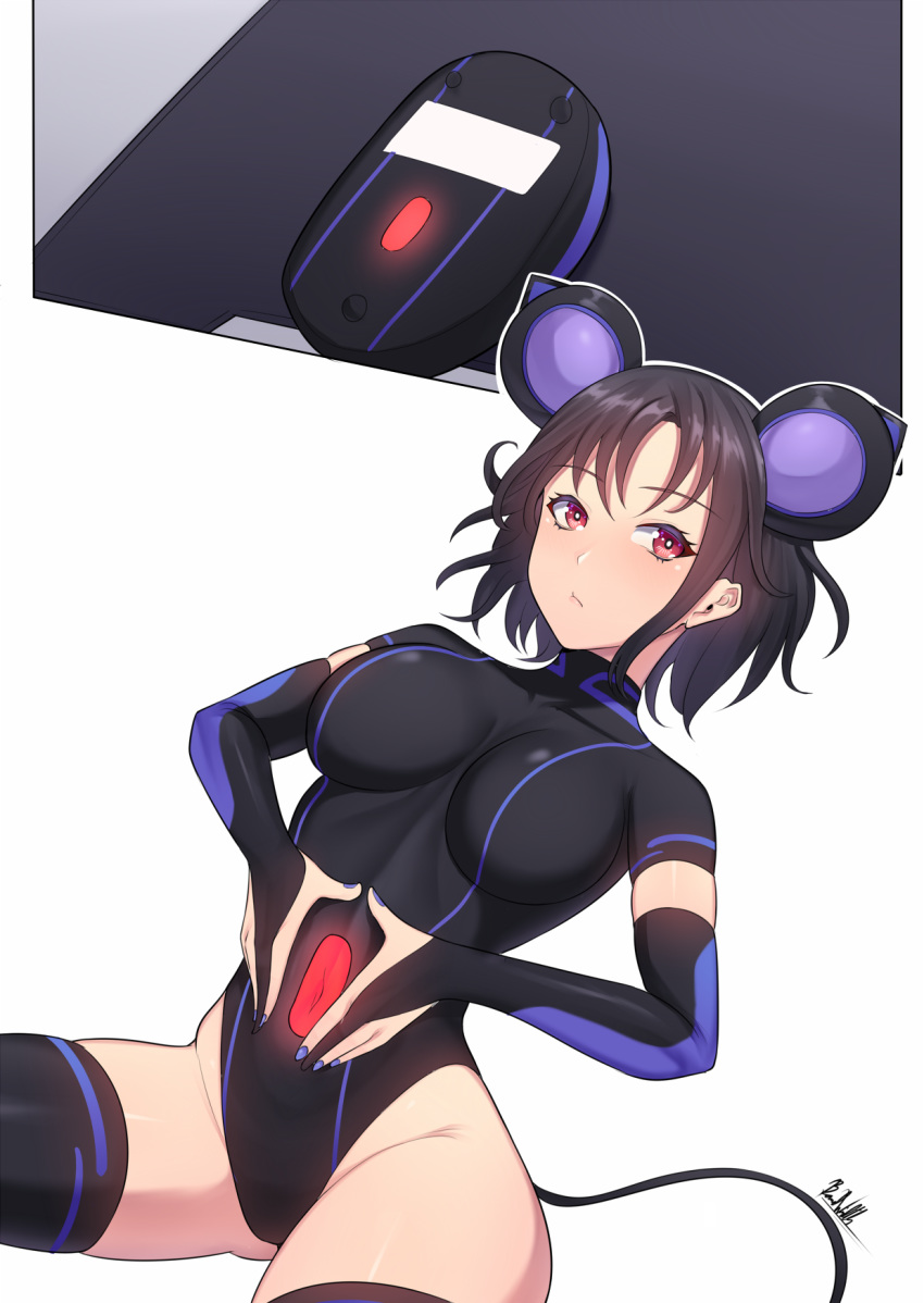 1girl animal_ears band-width black_gloves black_hair black_legwear black_leotard breasts bridal_gauntlets elbow_gloves expressionless fake_animal_ears gloves glowing highres leotard medium_breasts mouse_(computer) mouse_ears mouse_tail navel_cutout original personification pose purple_nails red_eyes skin_tight solo tail thigh-highs
