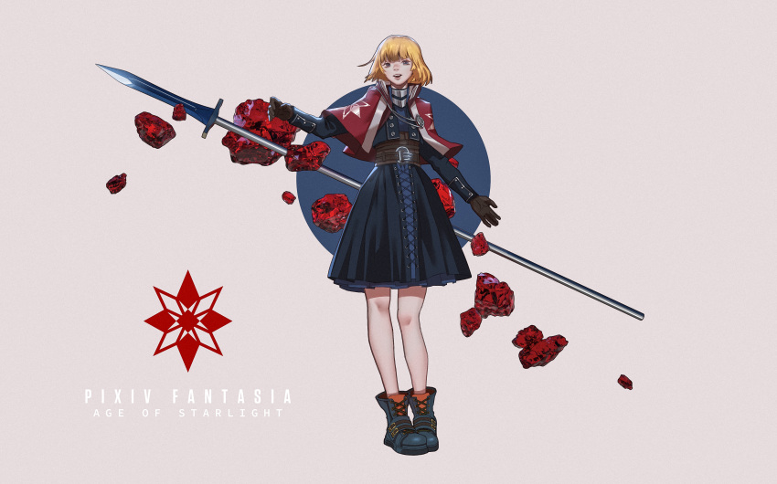 1girl absurdres baka_(mh6516620) bangs blonde_hair blue_eyes blunt_bangs boots capelet copyright_name dress gloves high_collar highres looking_at_viewer open_mouth pixiv_fantasia pixiv_fantasia_age_of_starlight polearm short_hair solo spear weapon white_background