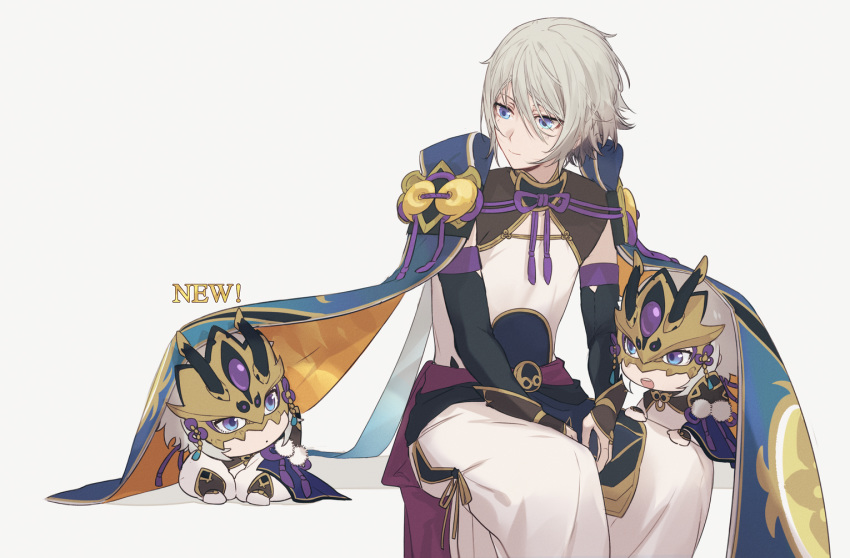 3boys blue_eyes cape chibi chinese_armor chinese_clothes clone csyko fate/grand_order fate_(series) gao_changgong_(fate) grey_hair hair_between_eyes horned_mask male_focus mask mask_removed masked multiple_boys silver_hair sitting smile
