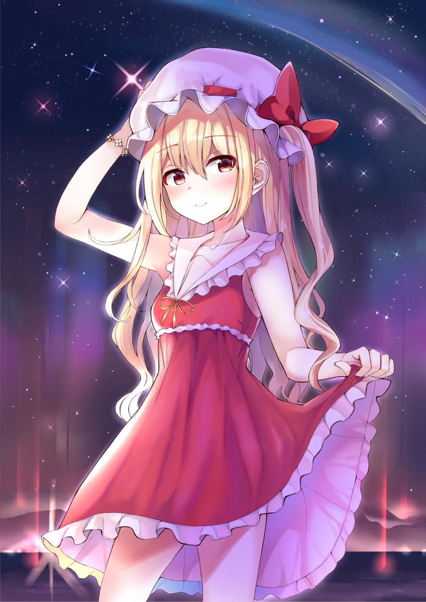 1girl absurdres armpits bangs blonde_hair blush bow bracelet eyebrows_visible_through_hair flandre_scarlet frilled_shirt_collar frills hand_on_own_head hat hat_ribbon highres holding_skirt jewelry looking_at_viewer medium_hair mob_cap red_bow red_eyes red_ribbon red_skirt ribbon satori_(pixiv) shirt short_hair side_ponytail skirt skirt_set sleeveless sleeveless_shirt star_(sky) touhou yellow_neckwear