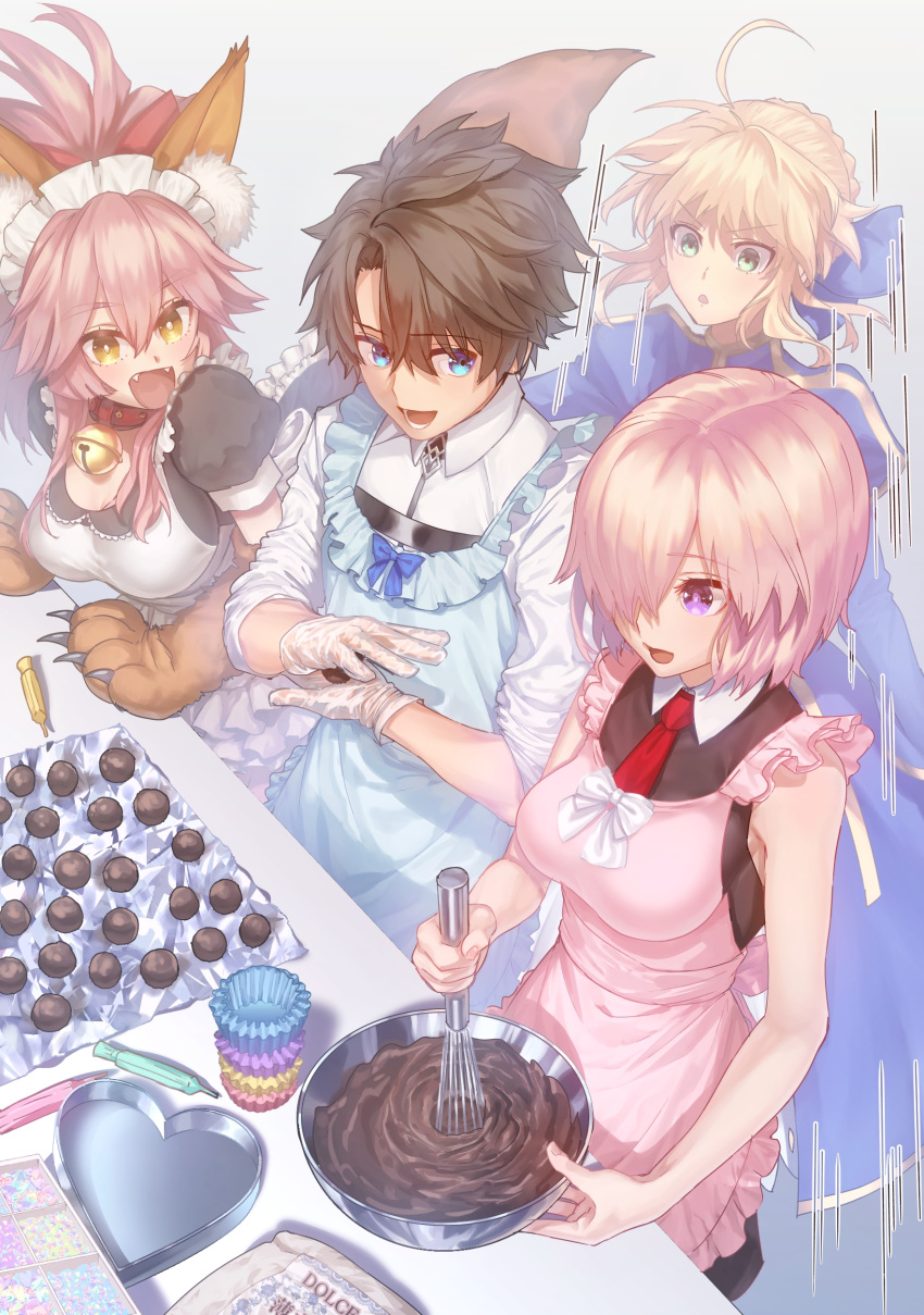 1boy 3girls absurdres ahoge animal_ear_fluff apron artoria_pendragon_(all) bangs bare_shoulders black_dress black_hair blonde_hair blue_bow blue_dress blue_eyes blush bow braid breasts brown_hair chocolate commentary_request dress eyebrows_visible_through_hair fate/grand_order fate_(series) fujimaru_ritsuka_(male) gloves green_eyes hair_over_one_eye highres holding inami_kazuki jacket large_breasts long_hair looking_at_viewer maid maid_dress maid_headdress mash_kyrielight multiple_girls open_mouth pink_hair purple_hair saber short_hair smile violet_eyes white_apron white_gloves white_jacket