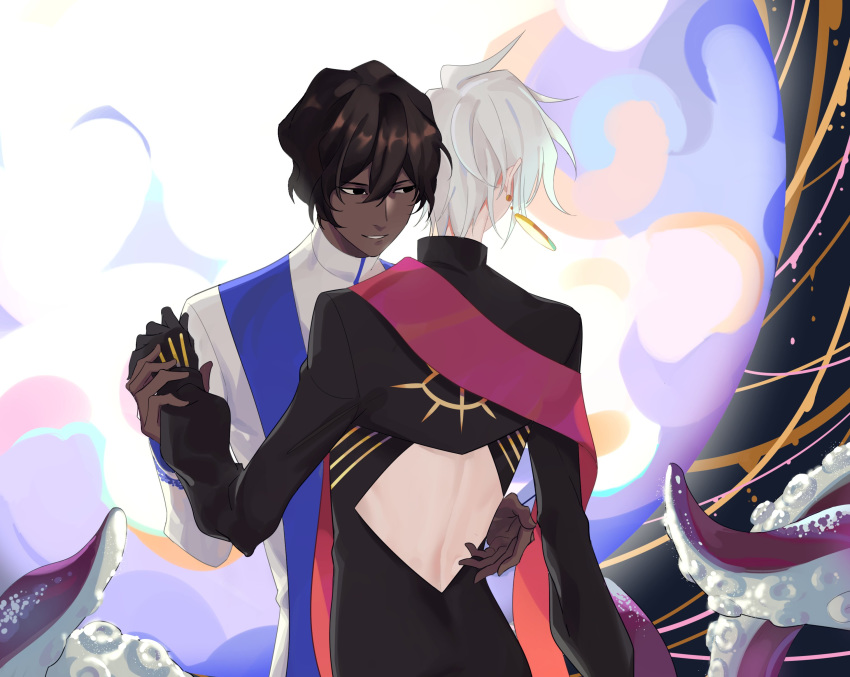 2boys 676643396dolce absurdres arjuna_(fate/grand_order) back_cutout black_gloves black_hair dancing dark_skin dark_skinned_male fate/apocrypha fate/grand_order fate_(series) gloves highres jewelry karna_(fate) male_focus multiple_boys octopus single_earring stole white_hair yaoi