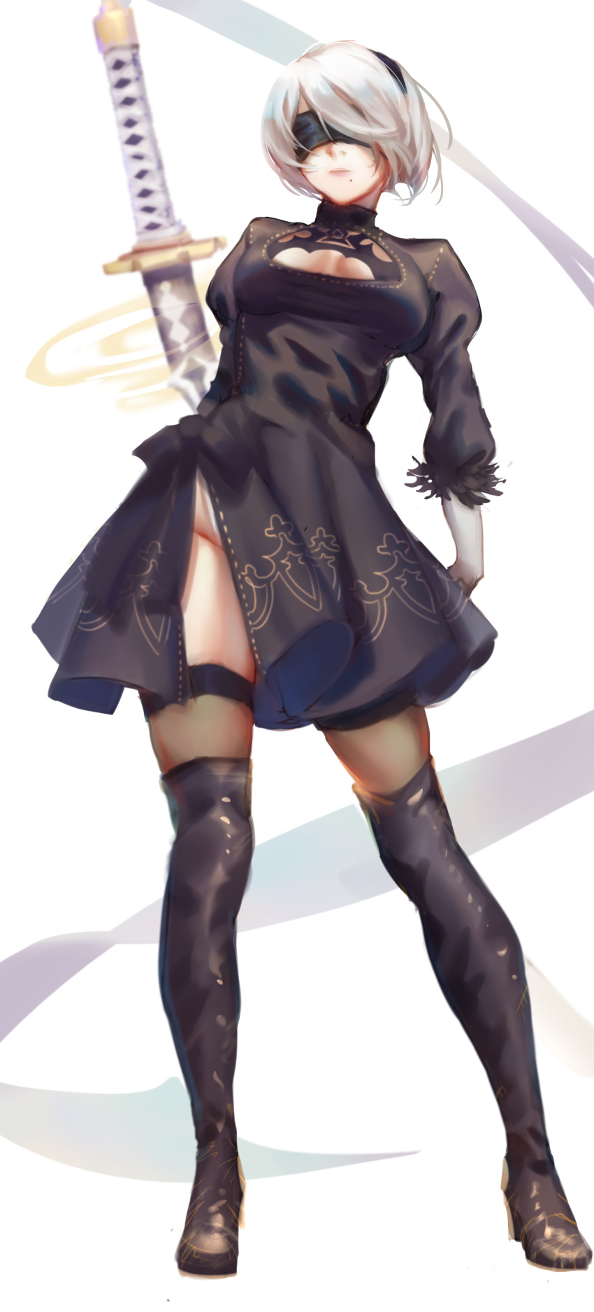 1girl absurdres black_blindfold black_dress black_hairband blindfold boots cleavage_cutout covered_eyes csyko dress feather-trimmed_sleeves hairband high_heels highres juliet_sleeves long_sleeves mole mole_under_mouth nier_(series) nier_automata puffy_sleeves solo thigh-highs thigh_boots thighhighs_under_boots virtuous_contract yorha_no._2_type_b