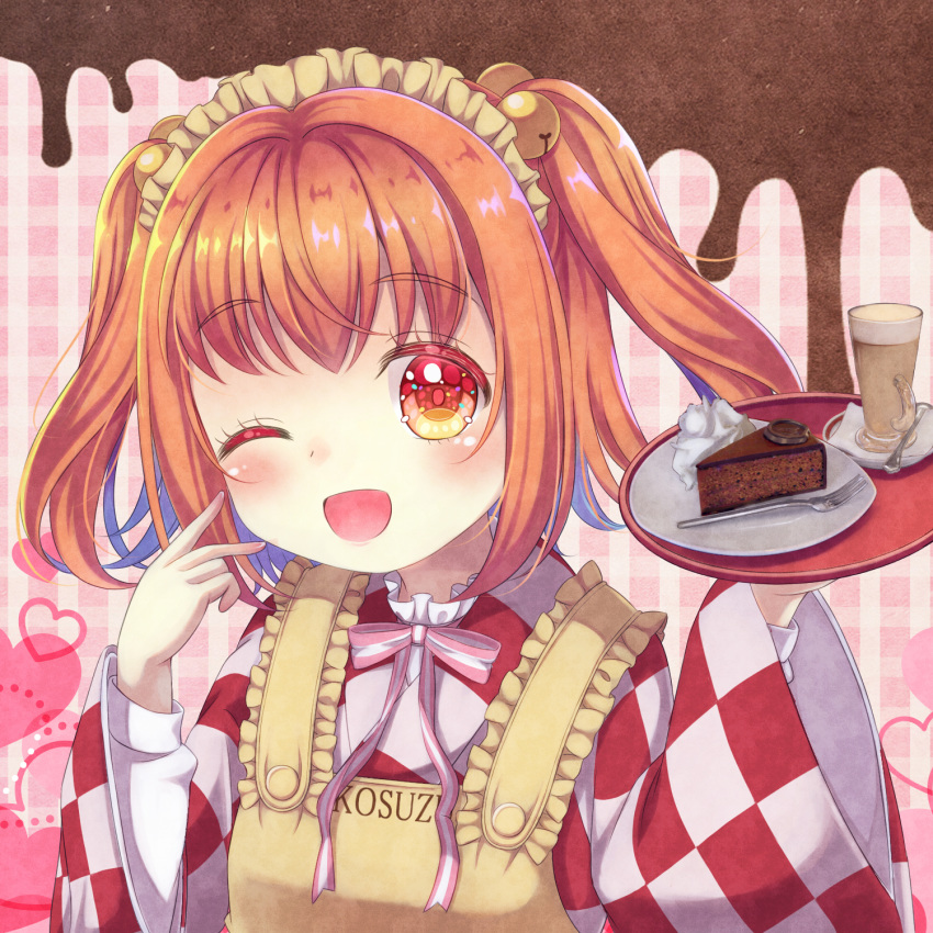 1girl ;d apron arms_up brown_background cake cappuccino_(drink) character_name checkered checkered_background checkered_kimono chocolate_cake clothes_writing commentary_request cup drinking_glass eyebrows_visible_through_hair finger_to_cheek food fork furisode head_tilt heart highres holding holding_tray japanese_clothes kimono maid_headdress motoori_kosuzu neck_ribbon one_eye_closed open_mouth pink_background plate red_eyes redhead ribbon saucer slice_of_cake smile solo spoon striped striped_neckwear striped_ribbon tomo_takino touhou tray twintails valentine
