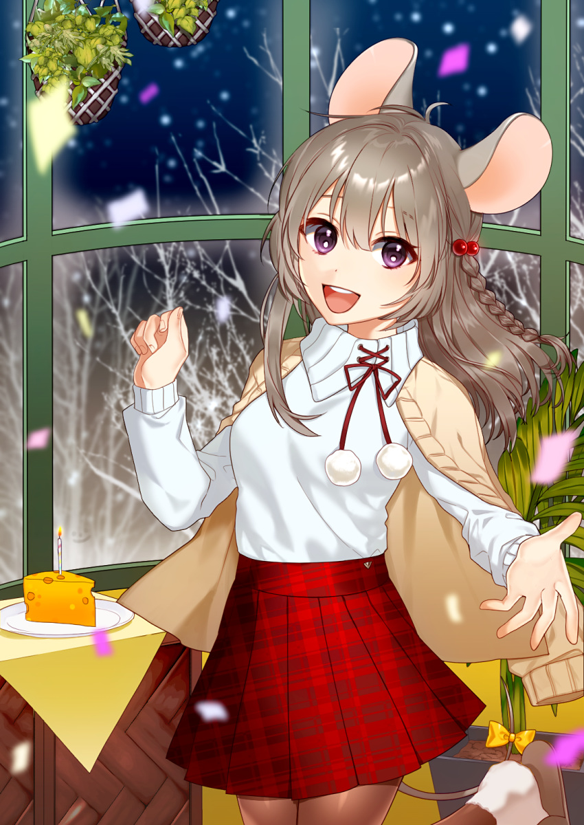 1girl animal_ears bangs beige_capelet black_eyes braid brown_hair cheese commentary eyebrows_visible_through_hair food hair_ornament highres indoors long_hair looking_at_viewer mikan_(migwang) mouse_ears mouse_girl mouse_tail original pleated_skirt red_skirt ribbon skirt smile snow solo sweater tail tail_ribbon white_sweater yellow_ribbon