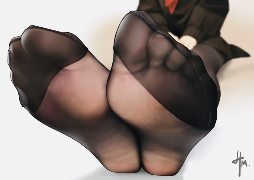 1girl absurdres black_legwear black_shirt close-up commentary_request feet head_out_of_frame highres majorf no_shoes original pantyhose pov_feet shirt signature sitting soles solo