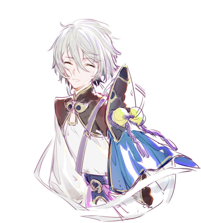 1boy ^_^ chinese_armor chinese_clothes closed_eyes csyko fate/grand_order fate_(series) gao_changgong_(fate) grey_hair hair_between_eyes highres male_focus no_mask parted_lips short_hair silver_hair sketch smile solo white_hair