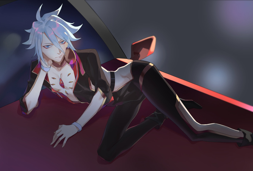 1boy 676643396dolce absurdres adonis_belt bishounen black_pants blue_eyes bodysuit chest_jewel collared_shirt fate/extella fate/extella_link fate/extra fate_(series) highres jewelry karna_(fate) lying male_focus on_side pale_skin pants revealing_clothes shirt single_earring solo v-neck white_hair