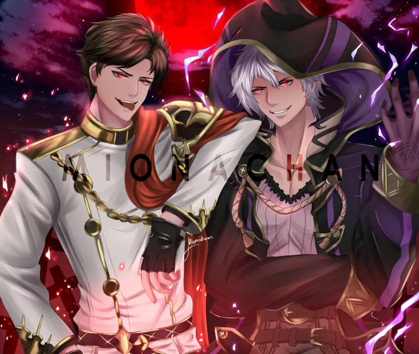 2boys aura belial_(granblue_fantasy) belt black_hair brown_hair cape commentary crossover dark_aura dark_persona english_commentary evil_grin evil_smile fire_emblem fire_emblem_awakening fire_emblem_heroes gloves granblue_fantasy grima_(fire_emblem) grin long_sleeves looking_at_viewer male_focus mionachan multiple_boys open_mouth red_eyes robin_(fire_emblem) seiyuu_connection short_hair smile watermark white_hair