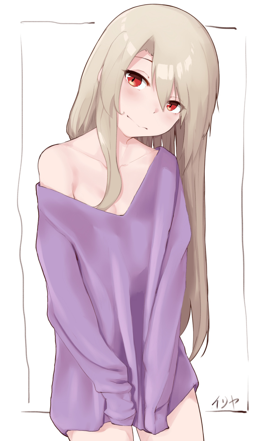 1girl absurdres bangs bare_shoulders blonde_hair blush breasts collarbone commentary_request fate/kaleid_liner_prisma_illya fate_(series) frown hair_between_eyes highres illyasviel_von_einzbern long_hair looking_at_viewer naked_sweater no_bra off-shoulder_sweater off_shoulder pear_sauce pink_sweater red_eyes sleeves_past_fingers sleeves_past_wrists small_breasts solo sweater