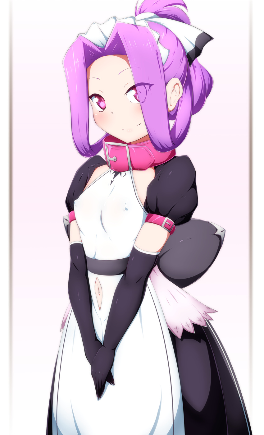 1girl alternate_costume apron black_dress blush collar danpu dress enmaided fate/grand_order fate_(series) frilled_apron frills highres long_hair maid maid_headdress medusa_(lancer)_(fate) navel_cutout puffy_sleeves purple_hair red_collar smile violet_eyes white_apron younger
