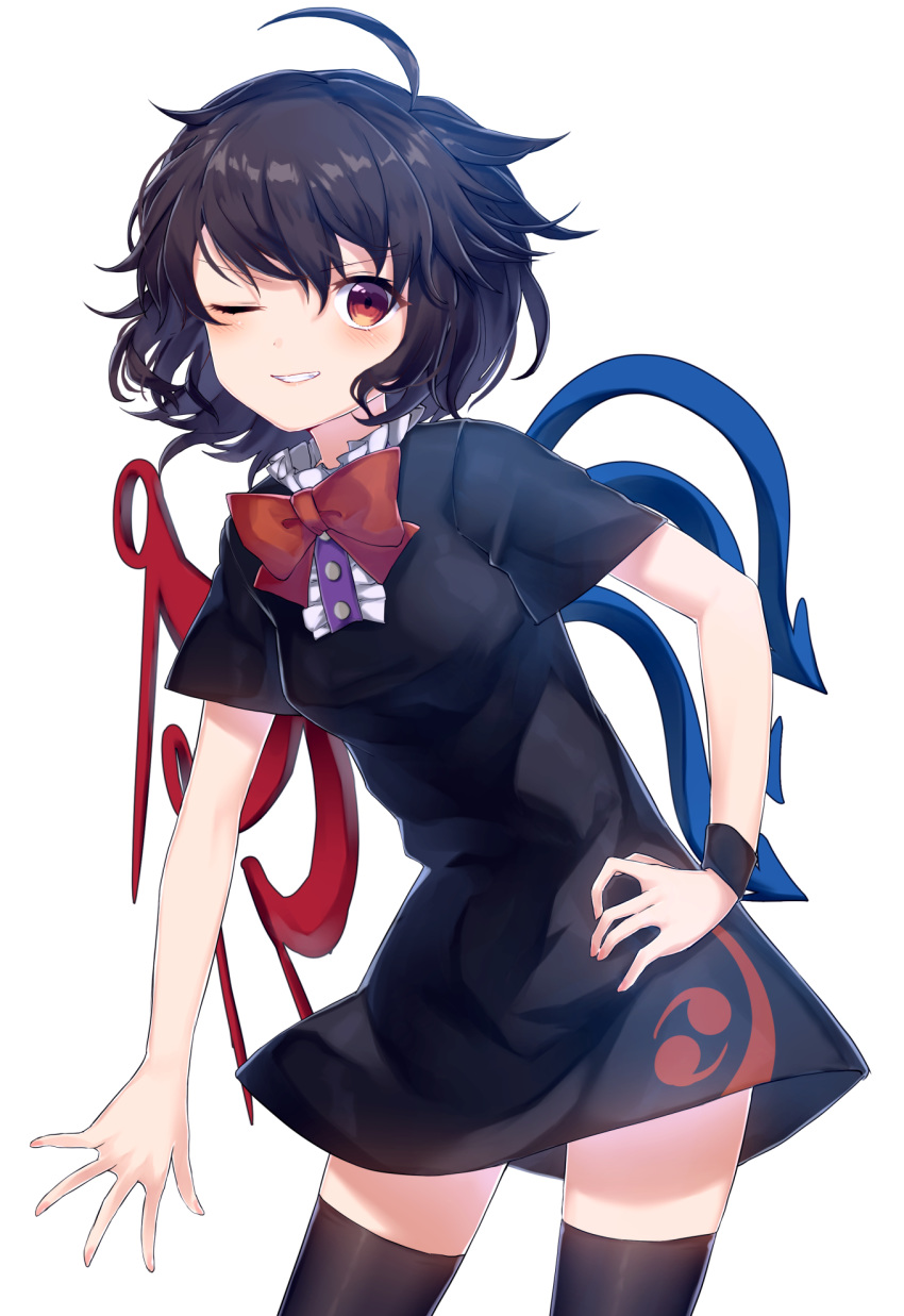 1girl asymmetrical_wings black_dress black_hair black_legwear blush bow bowtie commentary cowboy_shot dress frilled_dress frills grin hair_between_eyes hand_on_hip highres houjuu_nue kisamu_(ksmz) leaning_forward looking_at_viewer medium_hair one_eye_closed red_eyes red_neckwear simple_background smile solo thigh-highs touhou white_background wings wristband