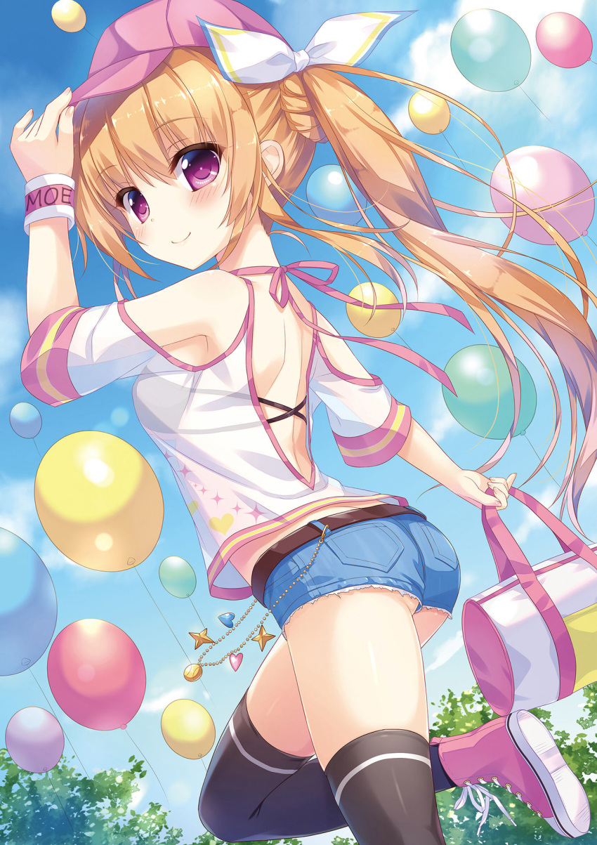 1girl ameto_yuki backless_outfit bangs baseball_cap black_legwear blonde_hair blue_shorts blush bow closed_mouth denim denim_shorts eyebrows_visible_through_hair hair_between_eyes hair_bow hat highres long_hair original pink_eyes pink_headwear pink_ribbon ponytail ribbon shiny shiny_hair shirt short_shorts shorts shoulder_blades smile solo standing standing_on_one_leg thigh-highs very_long_hair white_bow white_shirt wristband zettai_ryouiki