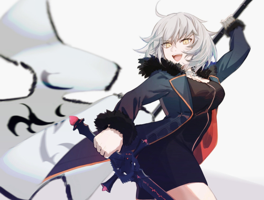 1girl ahoge black_dress cape coat csyko dress fate/grand_order fate_(series) flag fur-trimmed_cape fur-trimmed_coat fur_trim grey_hair headpiece jeanne_d'arc_(alter)_(fate) jeanne_d'arc_(fate)_(all) short_dress short_hair silver_hair sword weapon wicked_dragon_witch_ver._shinjuku_1999 yellow_eyes