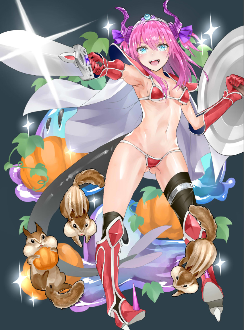 1girl :d aqua_eyes arm_guards armor armored_boots armpits ass_visible_through_thighs bangs bikini bikini_armor black_legwear blush boots breasts cape dragon_tail elbow_gloves elizabeth_bathory_(brave)_(fate) elizabeth_bathory_(fate)_(all) eyebrows_visible_through_hair fate/grand_order fate_(series) full_body gauntlets gloves hair_between_eyes hair_ribbon halloween highres holding holding_shield holding_sword holding_weapon horns knee_boots looking_at_viewer loose_bikini medium_hair navel noinoise open_mouth pauldrons pink_hair pumpkin red_bikini ribbon shield shiny shiny_hair shiny_skin silver_trim small_breasts smile solo squirrel standing stomach swimsuit sword tail thigh-highs thighs tiara two_side_up v-shaped_eyebrows wardrobe_malfunction weapon white_cape