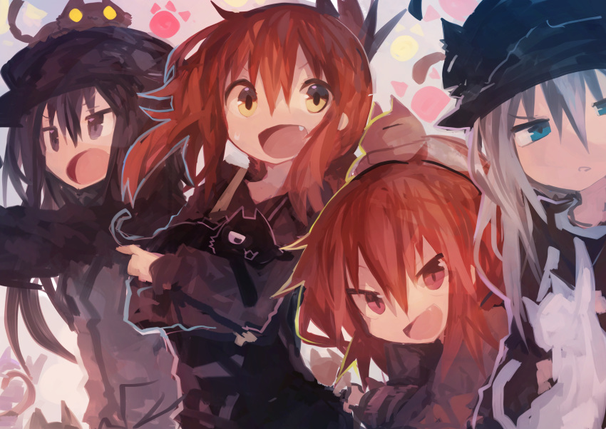 4girls absurdres akatsuki_(kantai_collection) animal animal_on_head bangs black_hair black_headwear brown_hair cat cat_on_head fang folded_ponytail hair_between_eyes hat hibiki_(kantai_collection) highres holding holding_animal ikazuchi_(kantai_collection) inazuma_(kantai_collection) kaamin_(mariarose753) kantai_collection long_hair long_sleeves multiple_girls on_head open_mouth paw_print ponytail short_hair silver_hair