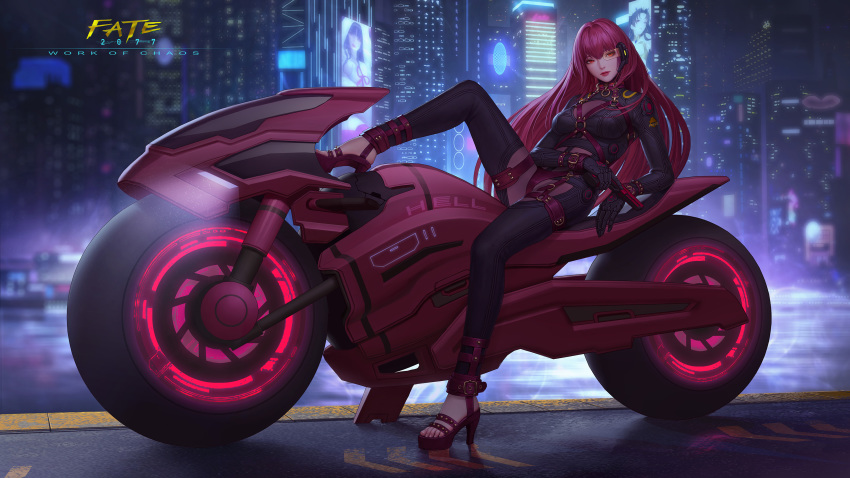 1girl absurdres bangs bodysuit chaos_(pixiv3726393) cyberpunk fate/grand_order fate_(series) full_body ground_vehicle gun highres holding holding_weapon long_hair looking_at_viewer motor_vehicle motorcycle on_motorcycle purple_bodysuit purple_hair red_eyes redhead sandals scathach_(fate)_(all) scathach_(fate/grand_order) solo toes weapon