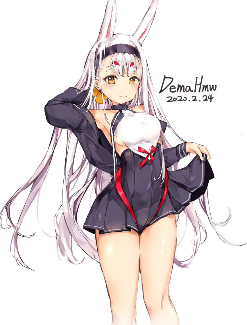 1girl animal_ears arm_up armpits azur_lane bare_shoulders black_dress black_jacket breasts brown_eyes dated dress hairband highres hmw_(pixiv7054584) jacket long_hair looking_at_viewer medium_breasts off_shoulder open_clothes open_jacket pleated_dress rabbit_ears shimakaze_(azur_lane) simple_background sleeveless sleeveless_dress smile solo thighs very_long_hair white_background white_hair