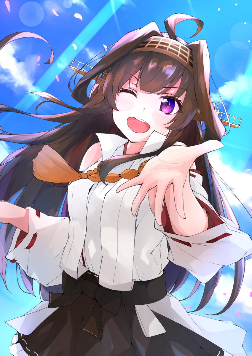 ;d absurdres ahoge bare_shoulders black_skirt brown_hair cowboy_shot detached_sleeves double_bun eyebrows_visible_through_hair headgear highres kantai_collection kongou_(kantai_collection) long_hair looking_at_viewer nontraditional_miko one_eye_closed open_mouth remodel_(kantai_collection) ryou_(ryo_217cafe) skirt smile violet_eyes