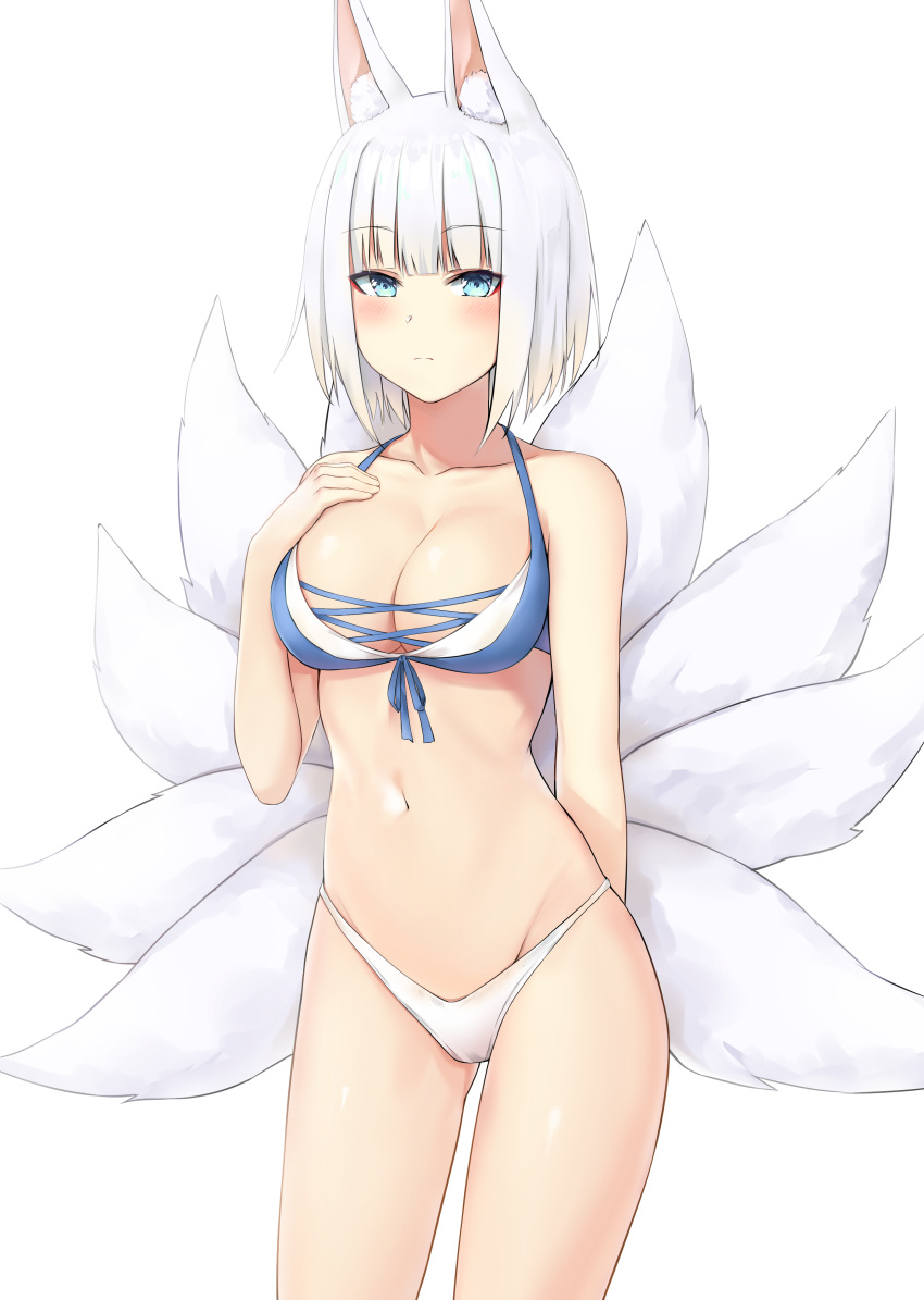 1girl absurdres animal_ears azur_lane bangs bare_shoulders bikini blue_bikini_top blue_eyes blush breasts collarbone commentary_request eyebrows_visible_through_hair fox_ears fox_tail highres hosh kaga_(azur_lane) large_breasts looking_at_viewer multiple_tails navel short_hair simple_background solo swimsuit tail white_background white_bikini_bottom white_hair