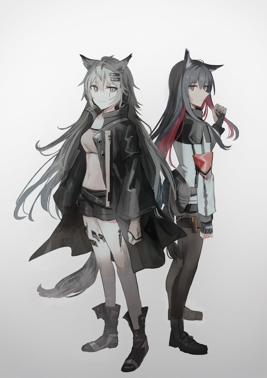 2girls absurdres animal_ear_fluff animal_ears arknights bandeau black_eyes black_footwear black_gloves black_hair black_jacket black_legwear black_shorts boots breasts brown_gloves character_name chihuri closed_mouth commentary_request fingerless_gloves full_body gloves grey_background grey_eyes grey_hair hair_ornament hairclip hand_up highres holding jacket lappland_(arknights) legwear_under_shorts long_sleeves looking_at_viewer midriff multicolored_hair multiple_girls navel open_clothes open_jacket pantyhose redhead scar scar_across_eye short_shorts shorts simple_background small_breasts smile standing tail texas_(arknights) two-tone_hair white_jacket wide_sleeves