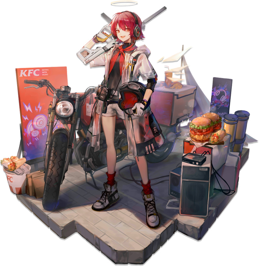 1girl :d alternate_costume arknights bangs bare_legs black_shirt brown_eyes burrito cup detached_wings disposable_cup drinking_straw exusiai_(arknights) eyebrows_visible_through_hair food full_body gloves grey_footwear ground_vehicle gun hair_between_eyes halo hamburger headphones helmet highres holding holding_gun holding_helmet holding_weapon huanxiang_heitu jacket kfc looking_at_viewer mismatched_gloves motor_vehicle motorcycle motorcycle_helmet official_art open_clothes open_jacket open_mouth red_legwear red_neckwear redhead rifle shadow shirt shoes short_hair short_shorts short_sleeves shorts smile sneakers socks solo standing taco transparent_background weapon white_gloves white_jacket white_shorts wings yellow_gloves