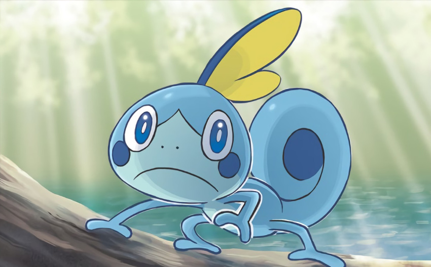 ariga_hitoshi blue_eyes closed_mouth creature day frown full_body gen_8_pokemon looking_at_viewer no_humans official_art outdoors pokemon pokemon_(creature) pokemon_trading_card_game sobble solo standing sunlight