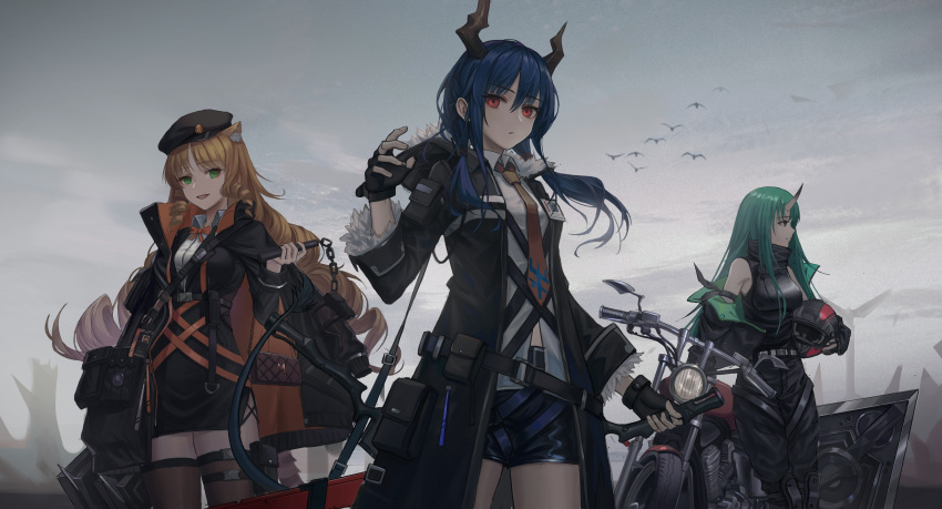 3girls :d absurdres animal_ear_fluff animal_ears arknights arm_ribbon bag bangs bare_shoulders beret bird black_cape black_dress black_gloves black_headwear black_ribbon black_shirt black_shorts blonde_hair blue_hair bow bowtie brown_legwear cape ch'en_(arknights) clouds cloudy_sky commentary_request dress drill_hair drill_locks eyebrows_visible_through_hair fingerless_gloves gloves green_eyes green_hair ground_vehicle hand_up hat helmet high_collar highres holding holding_helmet holster horn horns hoshiguma_(arknights) long_hair long_sleeves looking_at_viewer motor_vehicle motorcycle motorcycle_helmet multiple_girls necktie off_shoulder open_mouth orange_bow orange_neckwear outdoors pouch red_eyes ribbon shirt short_shorts shorts sky sleeveless sleeveless_shirt smile swire_(arknights) thigh-highs thigh_holster thighs very_long_hair white_shirt wing_collar zettai_ryouiki zhai