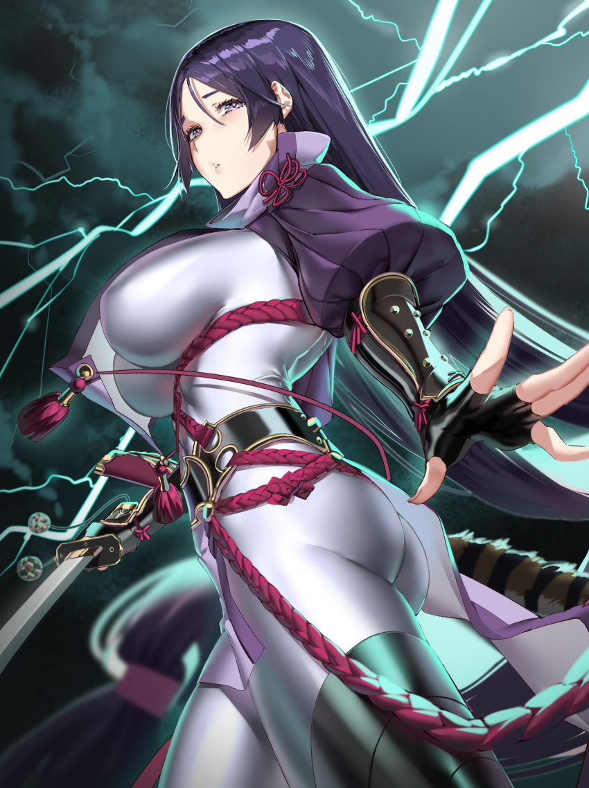 1girl arm_guards ass bangs black_gloves bodysuit breasts commentary_request fate/grand_order fate_(series) fingerless_gloves fingernails gloves highres holding holding_sword holding_weapon katana large_breasts lightning lips long_hair long_sleeves looking_at_viewer looking_back minamoto_no_raikou_(fate/grand_order) myo_ne parted_bangs parted_lips puffy_sleeves purple_bodysuit purple_hair shiny shiny_clothes shiny_hair simple_background skin_tight solo sword thighs violet_eyes weapon