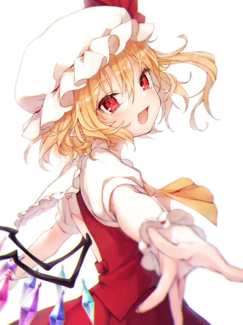 1girl :d ascot bangs blonde_hair blush crystal eyebrows_visible_through_hair fang flandre_scarlet frilled_shirt_collar frills hair_between_eyes hat hat_ribbon head_tilt highres honotai looking_at_viewer mob_cap one_side_up open_mouth pointy_ears puffy_short_sleeves puffy_sleeves reaching_out red_eyes red_ribbon red_skirt red_vest ribbon shirt short_hair short_sleeves simple_background skirt skirt_set smile solo touhou upper_body vest white_background white_headwear white_shirt wings wrist_cuffs yellow_neckwear