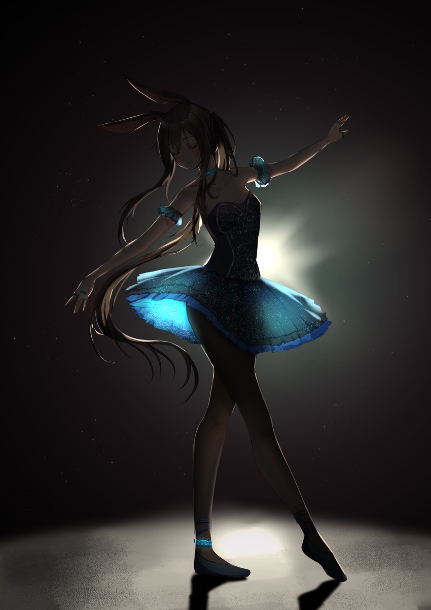 1girl absurdres alternate_costume amiya_(arknights) animal_ears arknights backlighting black_dress black_legwear blue_choker blue_footwear brown_hair choker closed_eyes closed_mouth collarbone commentary dancing dark_background dress flat_chest full_body gradient gradient_background highres jewelry kuini long_hair outstretched_arms pantyhose rabbit_ears ring see-through side_ponytail sidelocks solo strapless strapless_dress