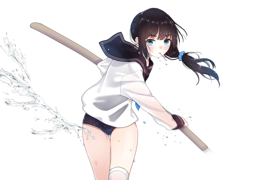 1girl bangs black_hair black_sailor_collar black_swimsuit blue_eyes blue_neckwear blue_scrunchie blush candy closed_mouth commentary_request eyebrows_visible_through_hair food food_in_mouth hair_ornament hair_scrunchie holding holding_sword holding_weapon katana kiyomin lollipop long_hair long_sleeves mouth_hold original sailor_collar school_uniform scrunchie serafuku sheath shirt sidelocks simple_background single_thighhigh skindentation solo swimsuit swimsuit_under_clothes sword thigh-highs water weapon white_background white_legwear white_shirt