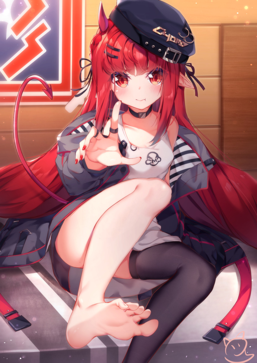 arknights bare_shoulders barefoot bed bed_sheet belt black_legwear commentary demon_horns demon_tail feet hat highres horns horns_through_headwear indoors long_hair looking_at_viewer mismatched_legwear nahaki pearl_anklet pointy_ears red_eyes redhead side_braids sitting soles straw_hat studded_belt tail vigna_(arknights) wall wallpaper_(object) wooden_wall
